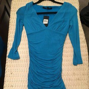 NWT Guess 3/4 Sleeve Empire Bodycon Rouched Dress Sexy Club Party Cute Blue XS